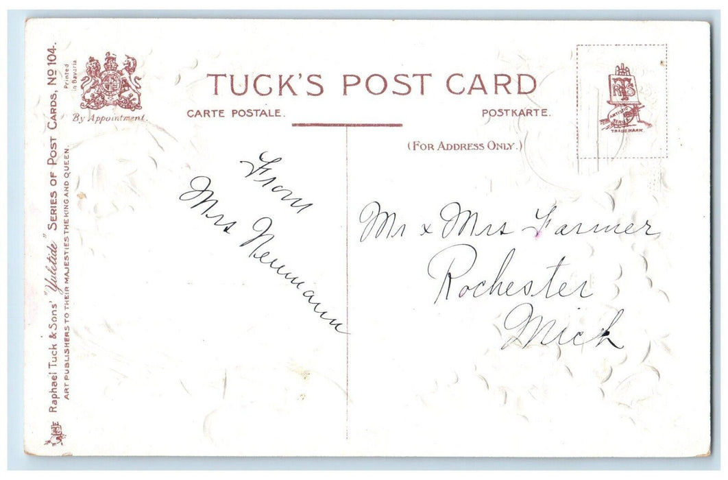 1909 Christmas Message Holly Berries Book Glitter Embossed Tuck's Postcard