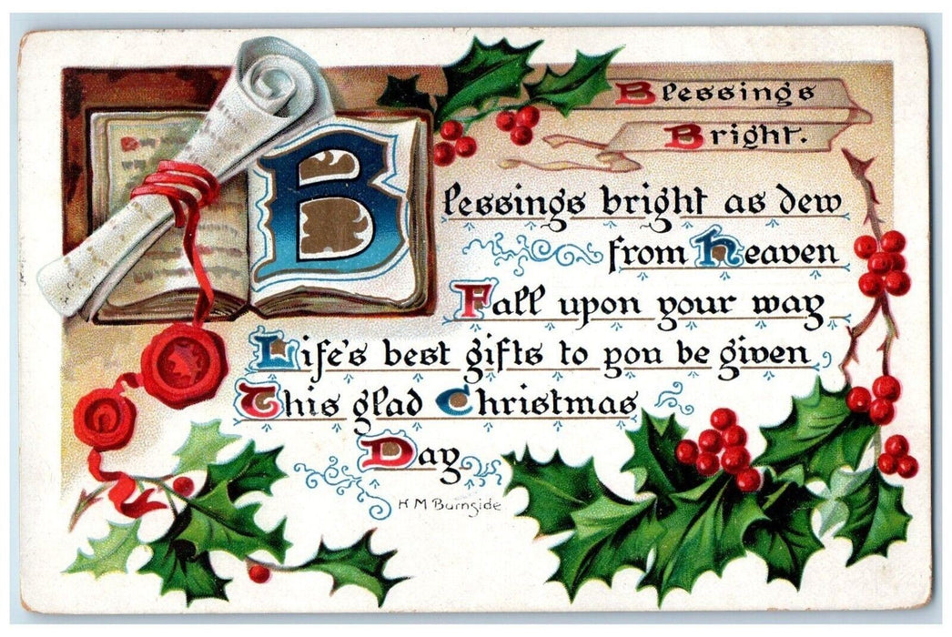 1909 Christmas Message Holly Berries Book Embossed Antique Tuck's Postcard