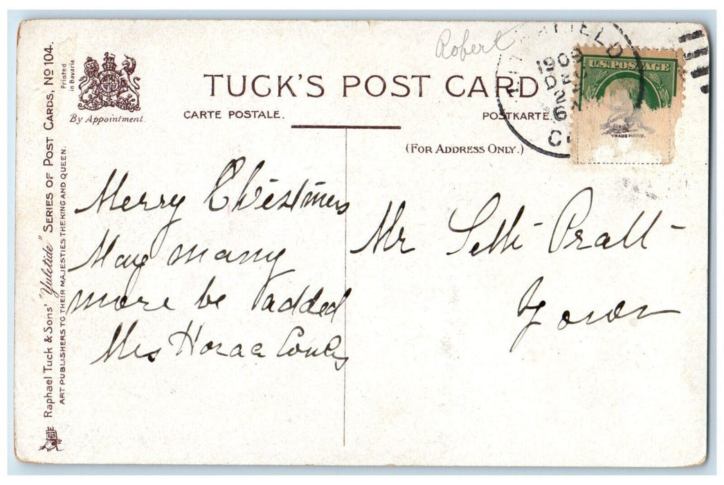 1909 Christmas Message Holly Berries Book Embossed Antique Tuck's Postcard