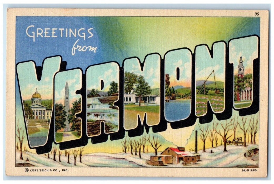 c1940 Greeting From Vermont VT Banner Large Letter Vintage Antique Postcard