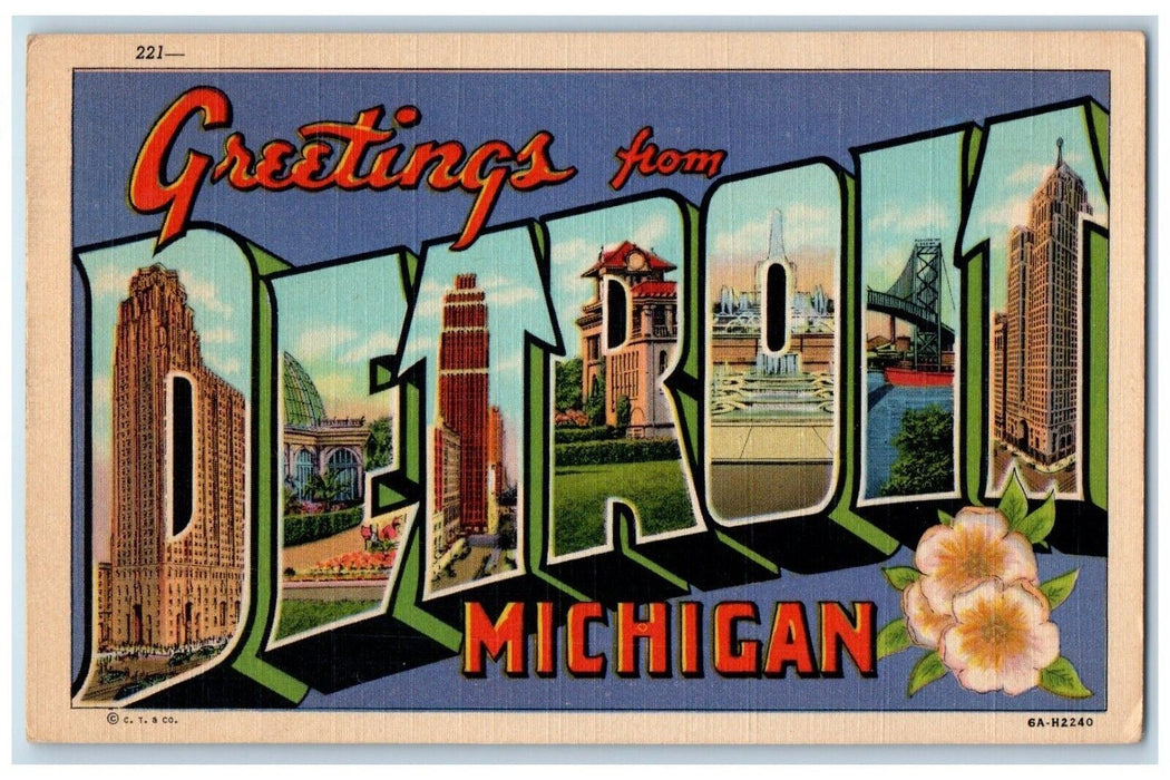 1940 Greetings From Detroit Michigan MI Banner Large Letter Antique Postcard