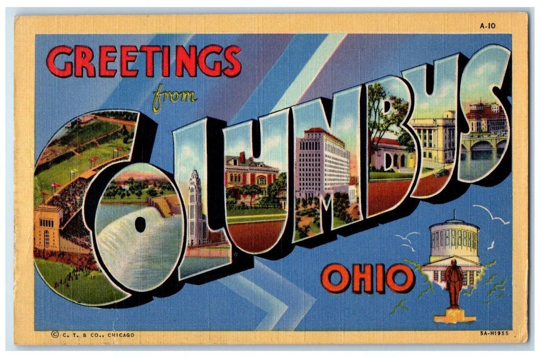 c1940 Greetings From Columbus Ohio Banner Large Letter Antique Vintage Postcard