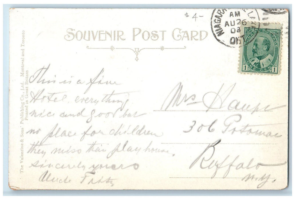 1908 Queen's Royal Hotel Niagara on the Lake Ontario Canada Posted Postcard