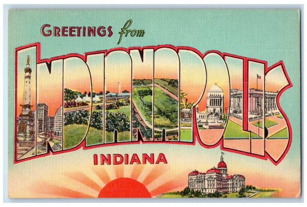 1940 Greetings From Indianapolis Indiana IN Banner Large Letter Antique Postcard