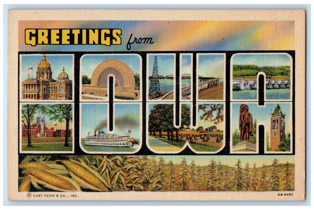 c1940 Greetings From Iowa Banner Large Letter Antique Vintage Unposted Postcard