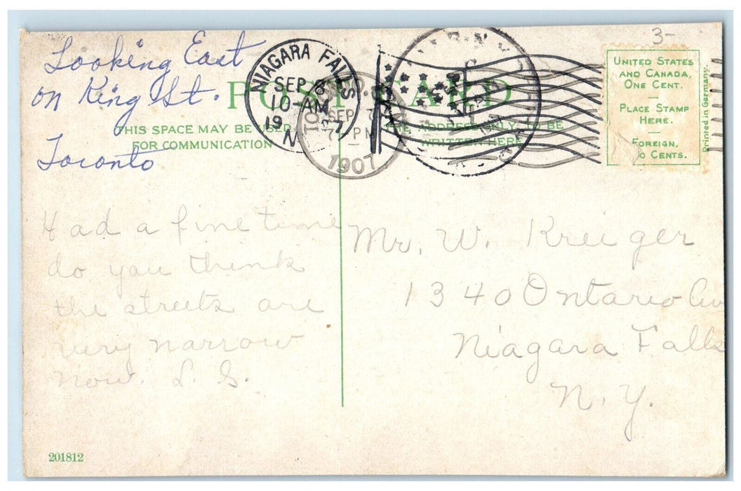 1907 Menzie Mfg Co. Looking East on King Street Toronto Ontario Canada Postcard