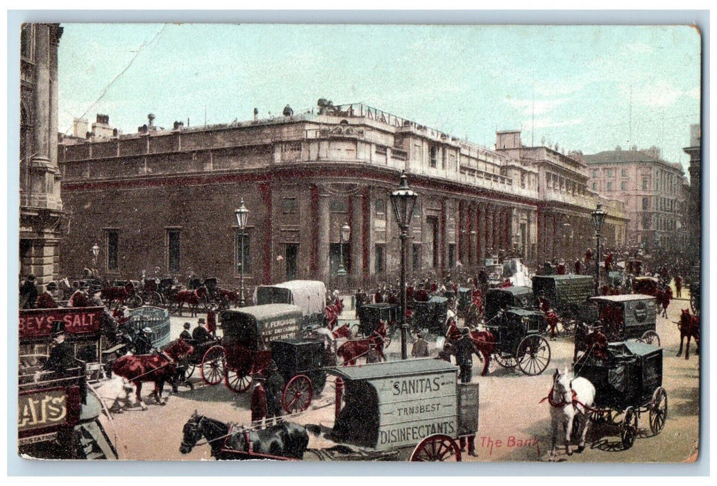 c1910 Scene of Horse Carriages Moving Near The Bank Canada Antique Postcard