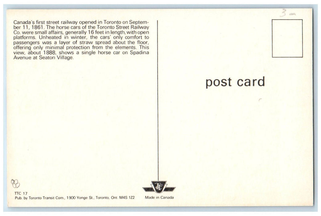 c1950's Horse Trolley Car First Street Railway Opened in Toronto Canada Postcard
