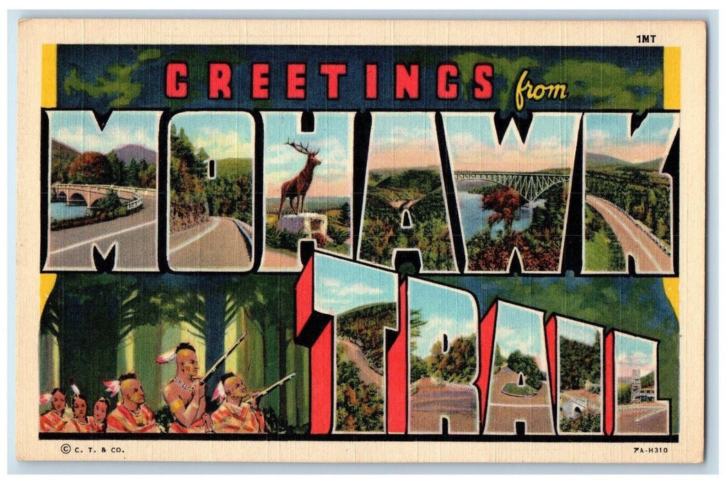 c1940 Greetings From Mohawk Trail Banner Large Letter Antique Unposted Postcard