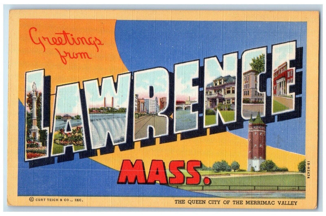 c1940 Greetings From Lawrence Massachusetts Banner Large Letter Antique Postcard