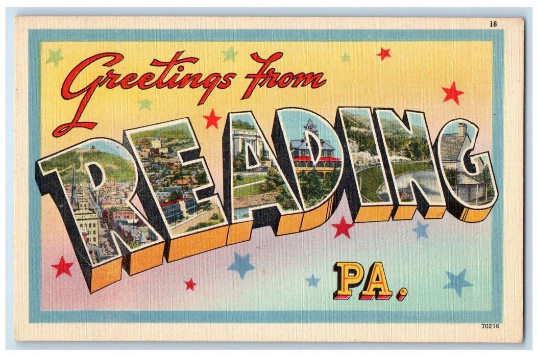 c1940 Greetings From Reading Pennsylvania Banner Large Letter Vintage Postcard