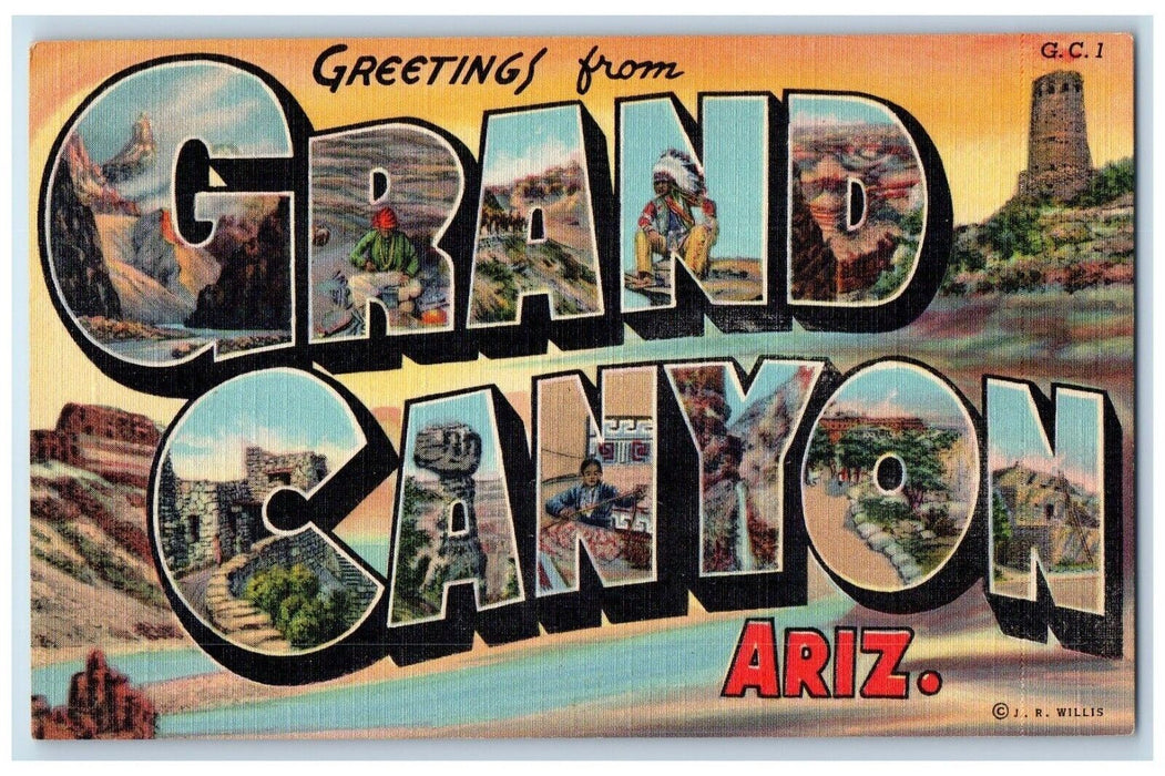 c1940 Greetings From Grand Canyon Arizona Banner Large Letter Antique Postcard