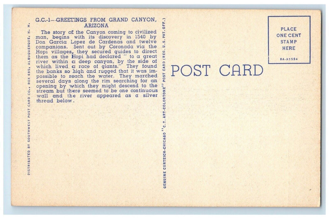 c1940 Greetings From Grand Canyon Arizona Banner Large Letter Antique Postcard