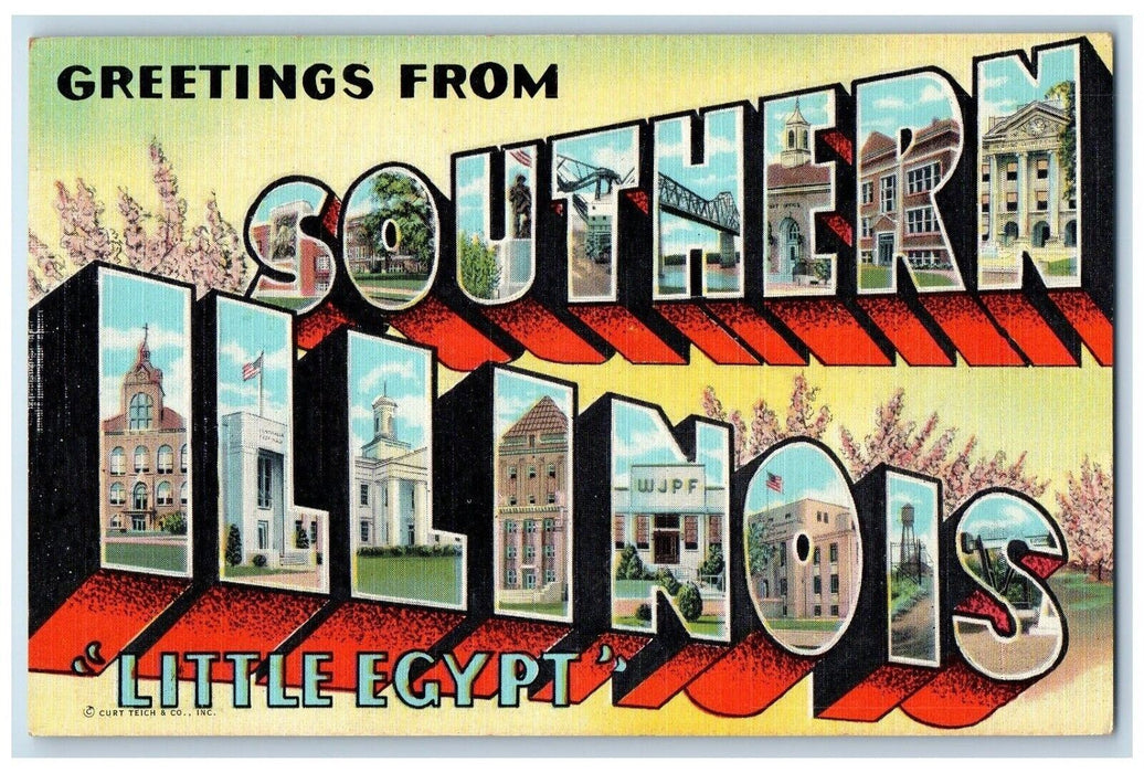 c1940 Greetings From Southern Illinois IL Banner Large Letter Vintage Postcard