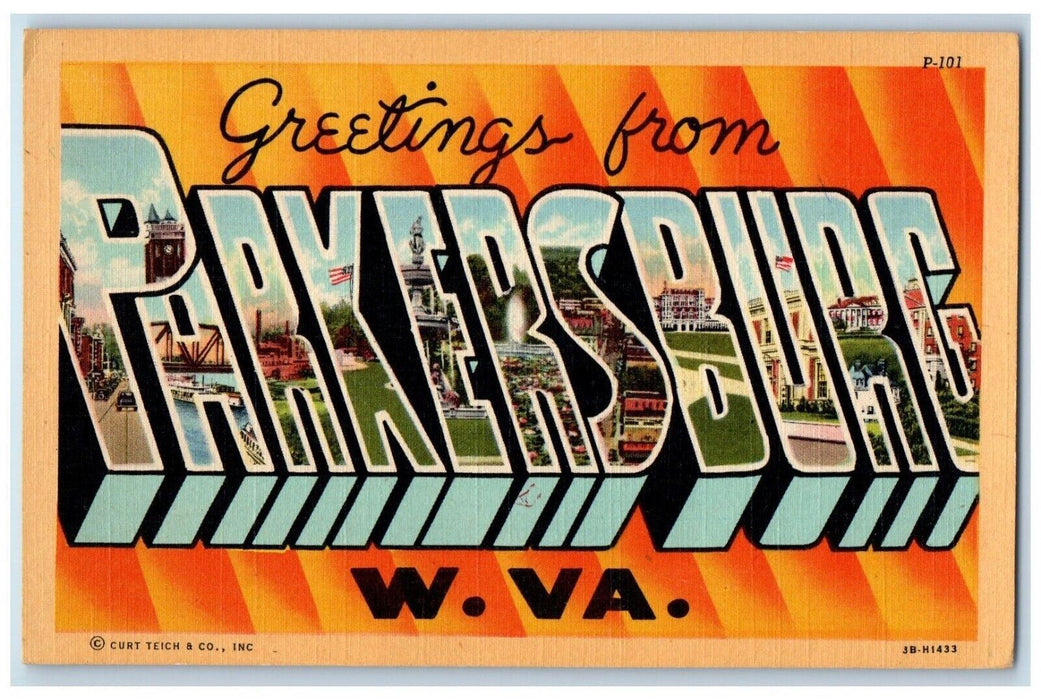 c1940 Greetings From Parkersburg West Virginia W VA Banner Large Letter Postcard