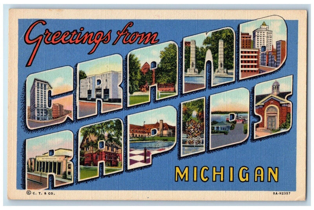 c1940 Greetings From Grand Rapids Michigan Banner Large Letter Unposted Postcard