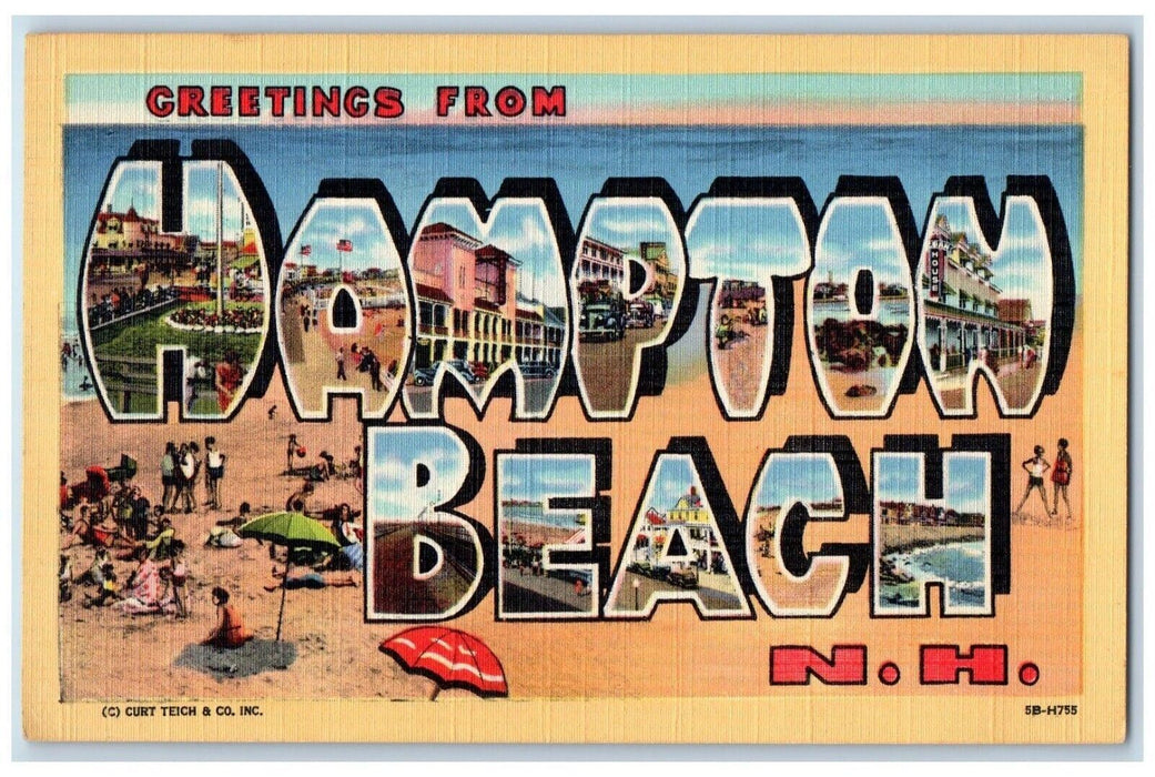 c1940 Greetings From Hampton Beach New Hampshire NH Banner Large Letter Postcard