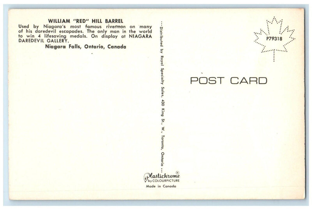 c1940 William Red Hill Barrel Niagara Daredevil Gallery Ontario Canada Postcard