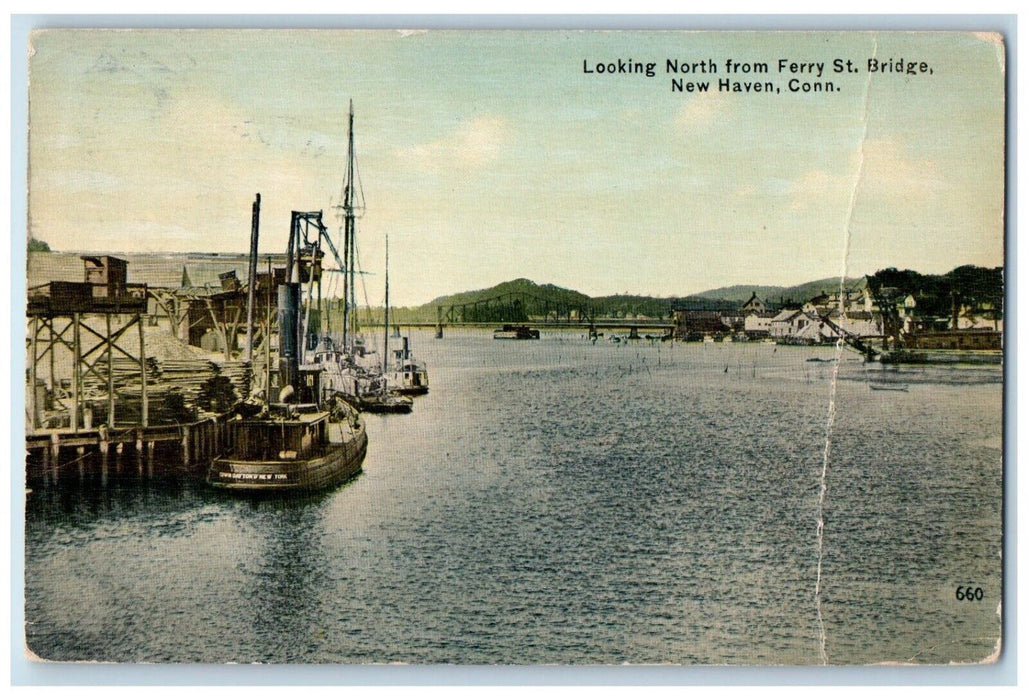 1913 Looking North Ferry St. Bridge Steamer Ship New Haven Connecticut Postcard