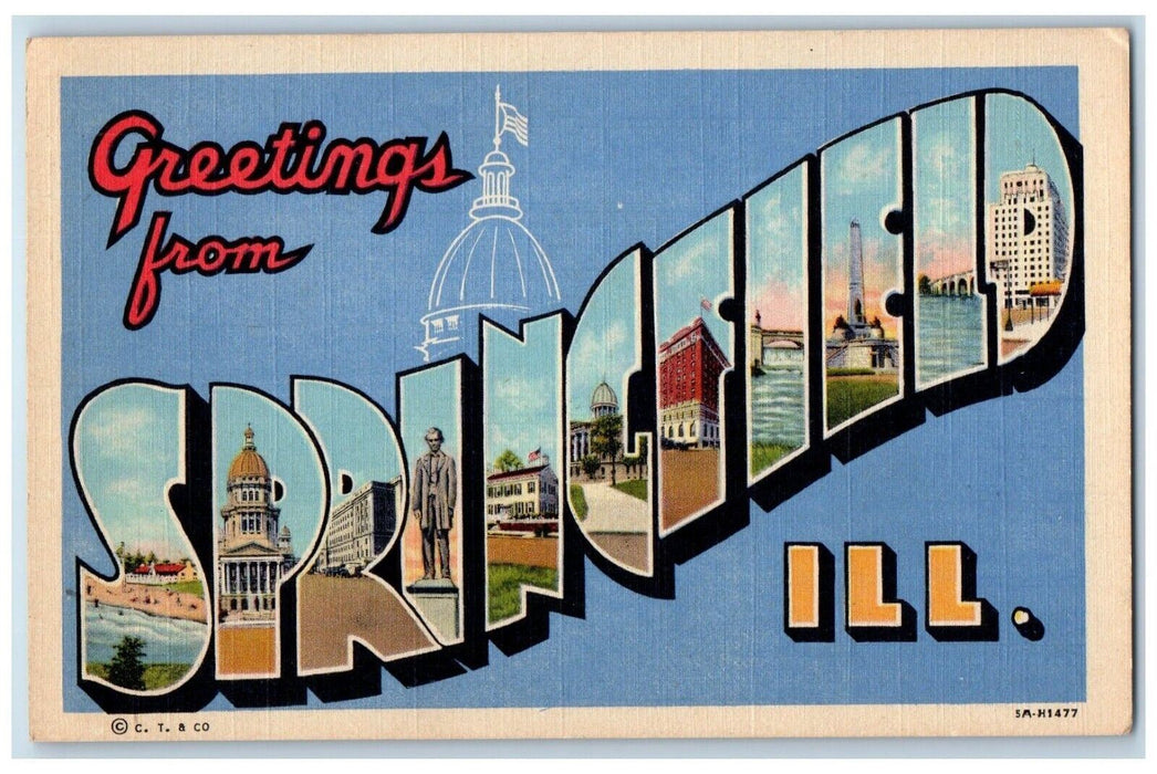 c1940 Greetings From Springfield Illinois Banner Large Letters Vintage Postcard