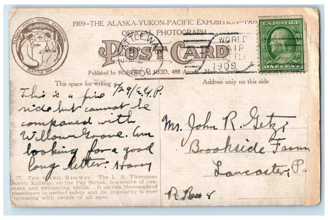 1909 Scenic Railway L.A. Thompson Pay Streak Alaska Yukon Exposition WA Postcard