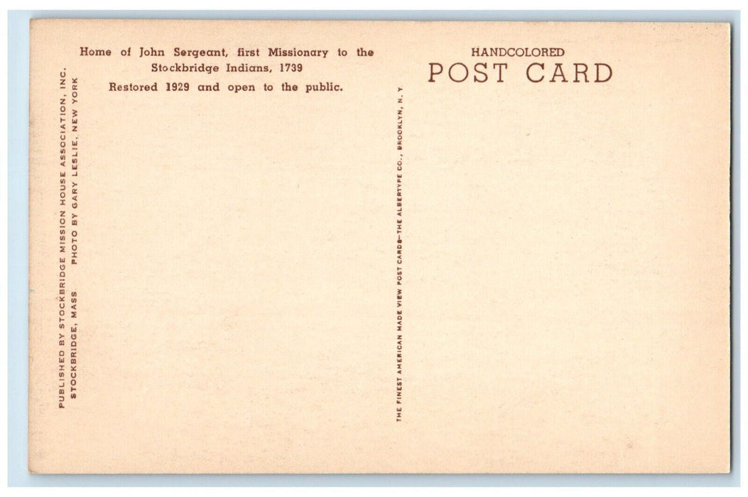 1940 Home Mission House John Sergeant Indians Stockbridge Massachusetts Postcard