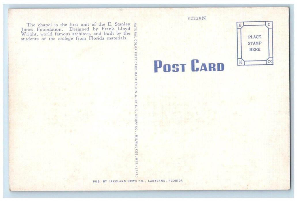 c1940 Annie Pfeiffer Chapel Florida Southern College Lakeland Florida Postcard