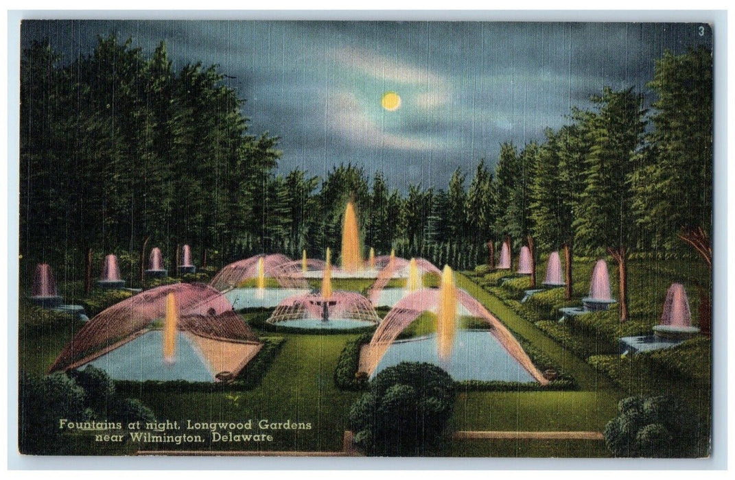 c1940 Fountains Night Longwood Garden Moon Square Wilmington Delaware Postcard