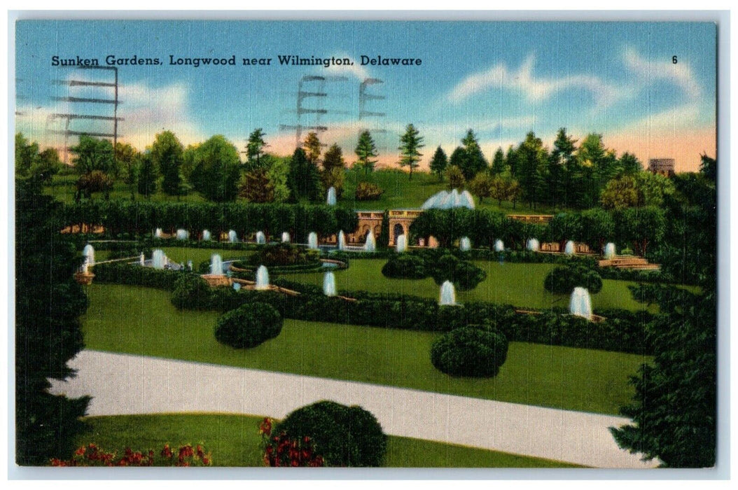 1956 Sunken Gardens Longwood Fountain Field Wilmington Delaware Vintage Postcard