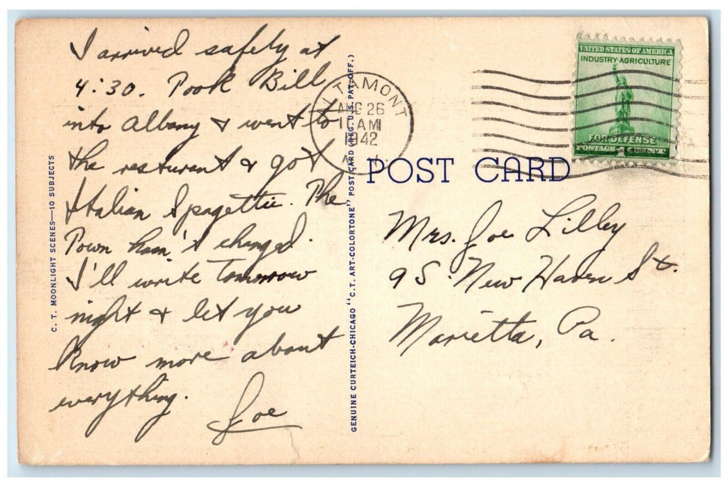1942 Greetings From Moonlight Moon Night Sailboat Altamont New York NY Postcard