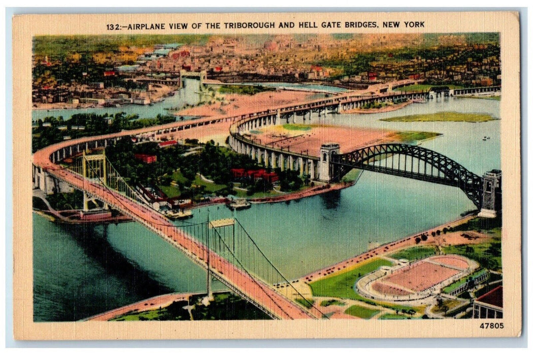 1941 Airplane View Triborough River Lake Hell Gate Bridges New York NY Postcard