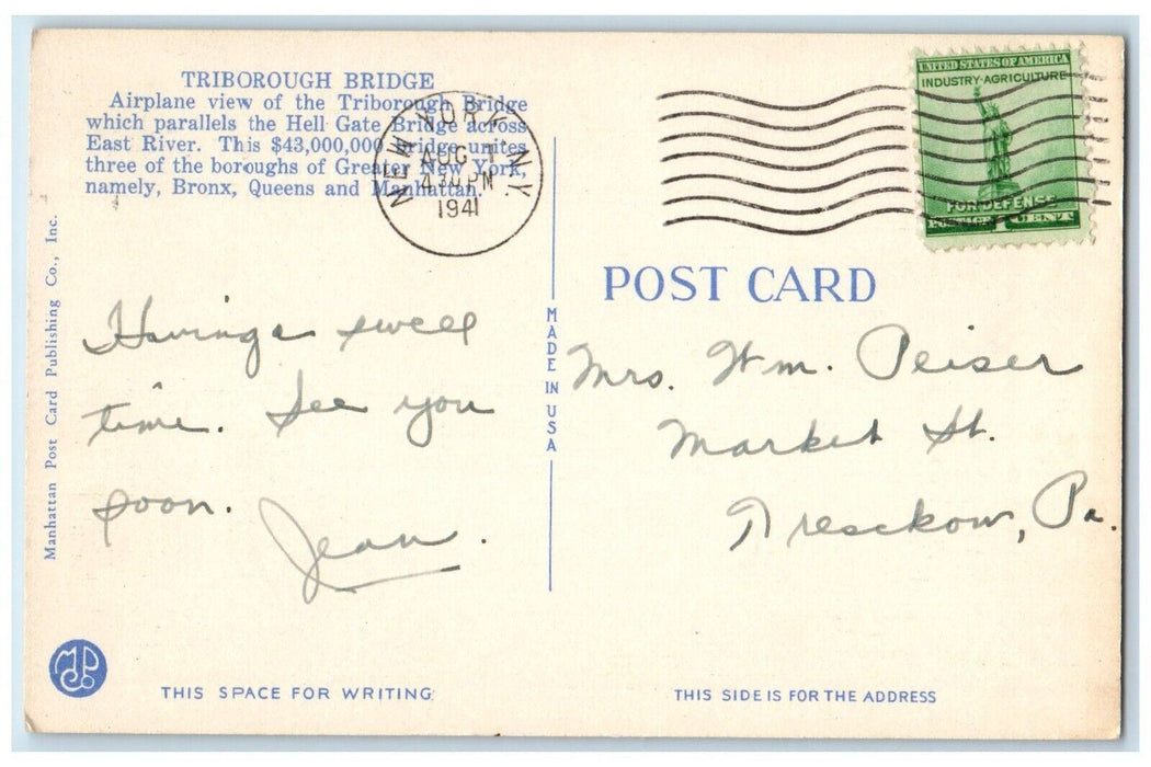 1941 Airplane View Triborough River Lake Hell Gate Bridges New York NY Postcard