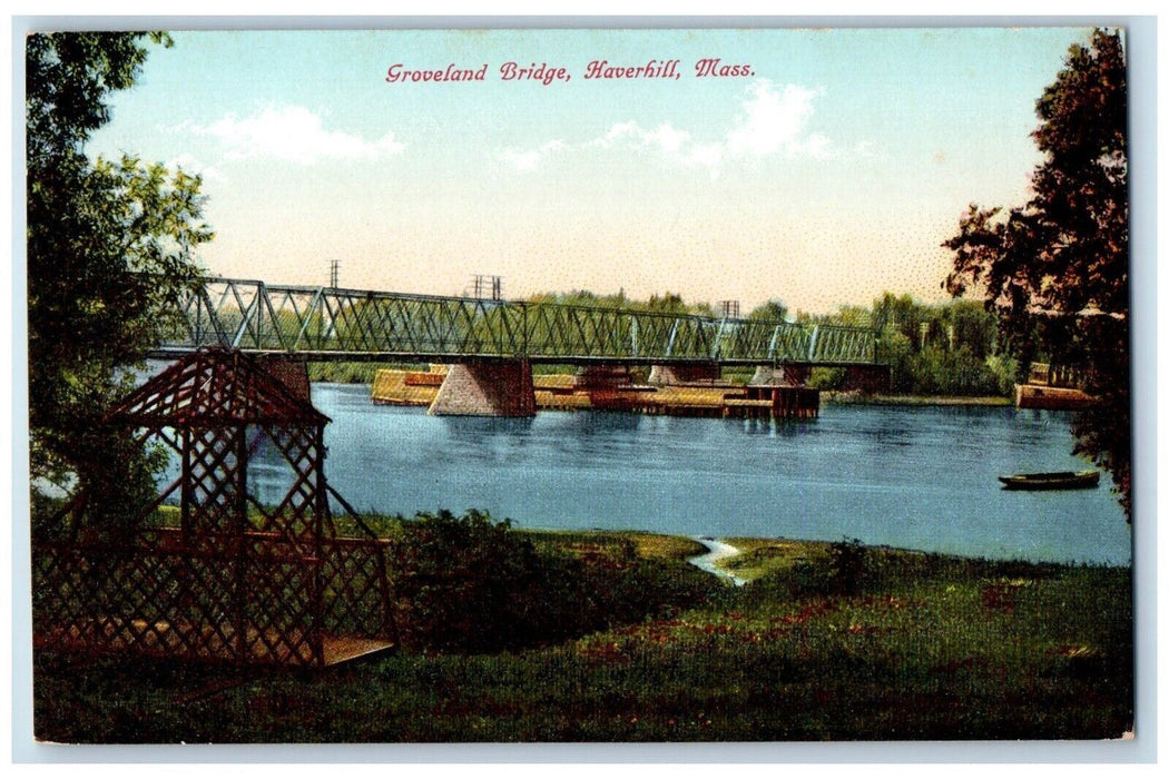 c1920 Groveland Bridge River Lake Canoe Haverhill Massachusetts Vintage Postcard