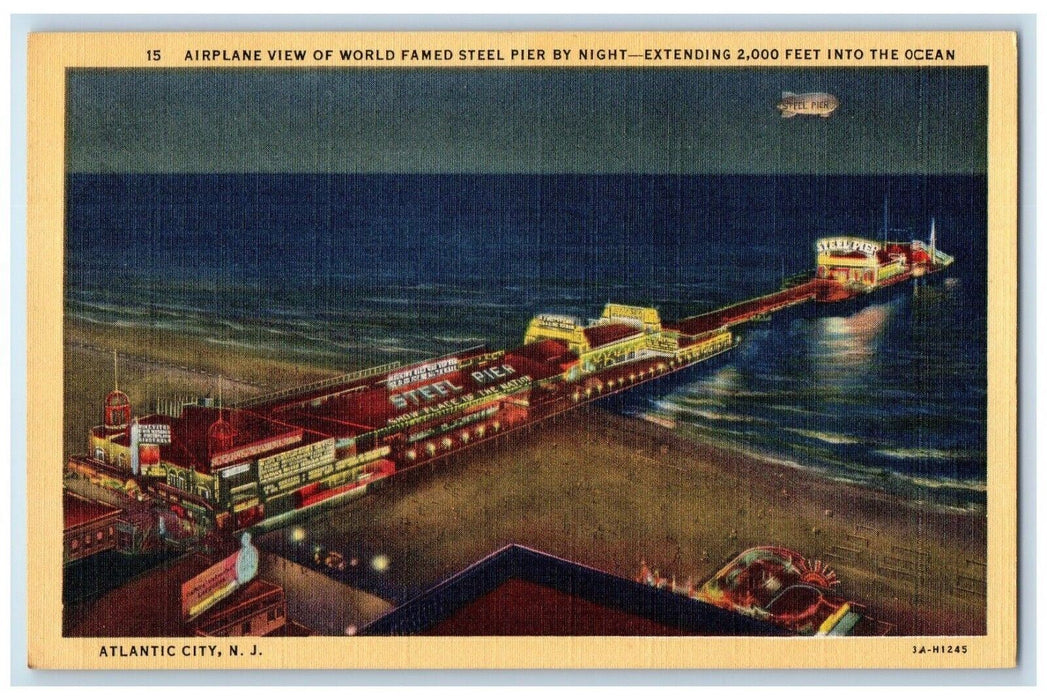 c1940 Airplane View World Steel Pier Night Atlantic City New Jersey NJ Postcard