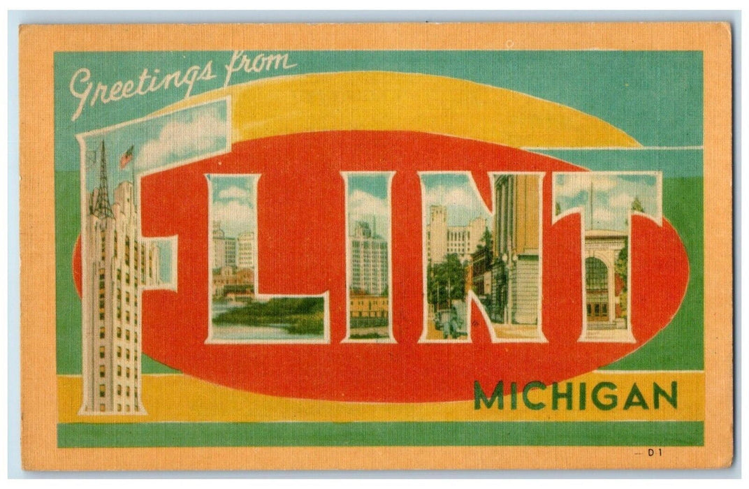 1946 Greetings From Flint Michigan MI Banner Big Letter Vintage Antique Postcard