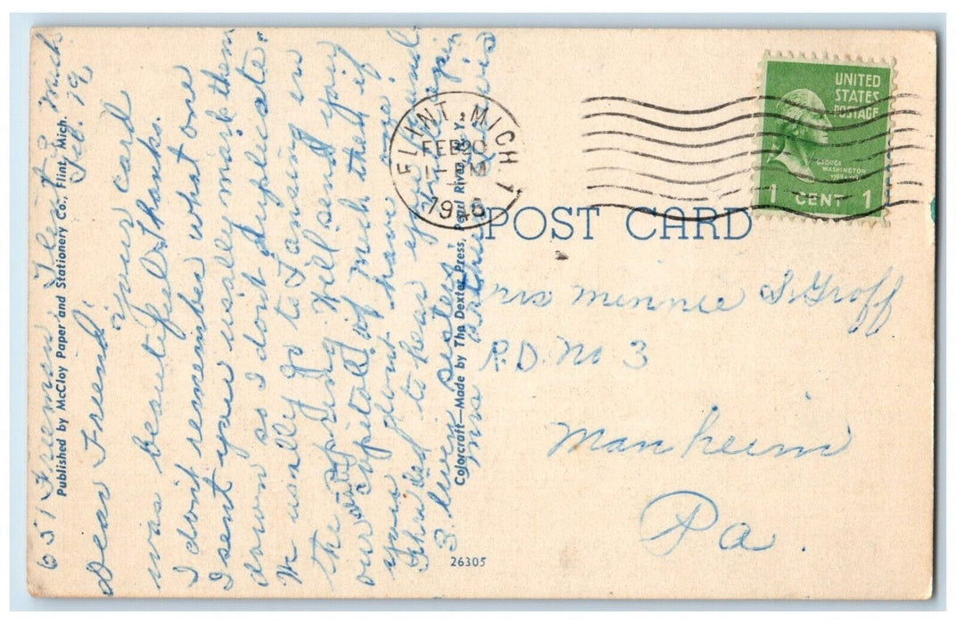1946 Greetings From Flint Michigan MI Banner Big Letter Vintage Antique Postcard