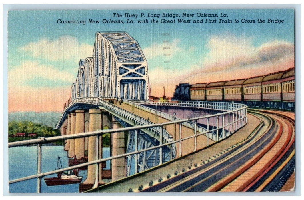 1951 Huey Long Bridge Locomotive Train Steamer New Orleans Louisiana LA Postcard