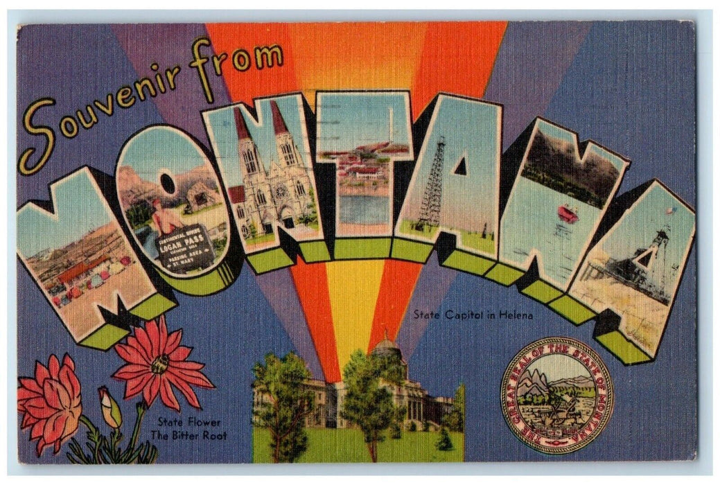 1949 Souvenir From Montana MT Banner Bitter Root Flower Capitol Helena Postcard