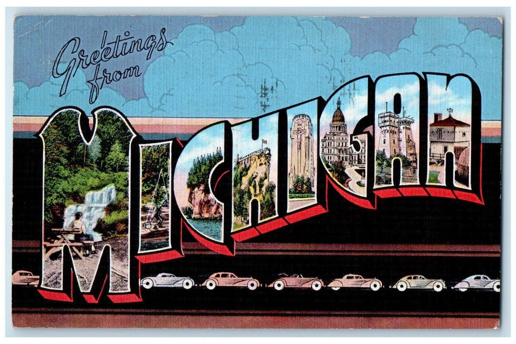 1948 Greetings From Michigan Banner Large Letter Battle Creek Vintage Postcard