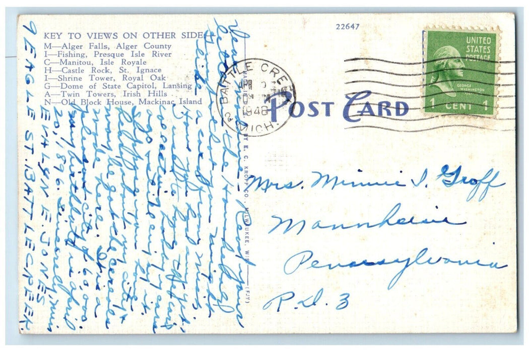 1948 Greetings From Michigan Banner Large Letter Battle Creek Vintage Postcard