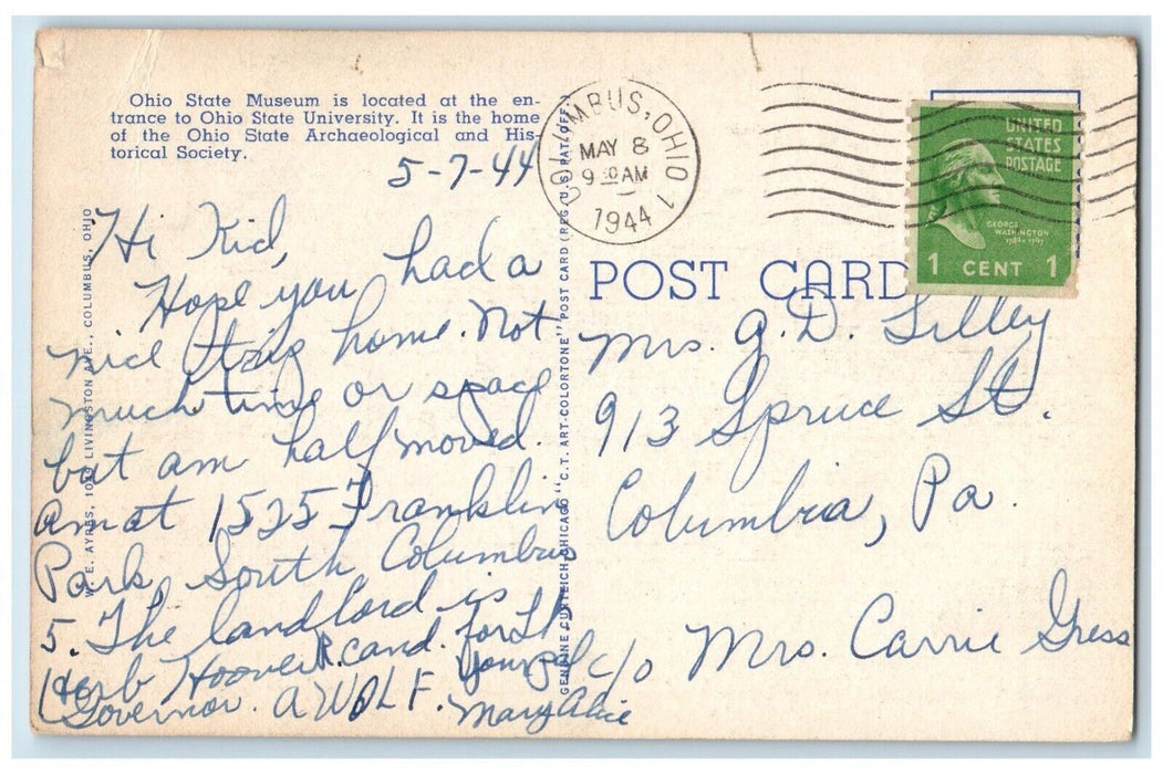 1944 Ohio State Museum Exterior Building State University Columbus Ohio Postcard