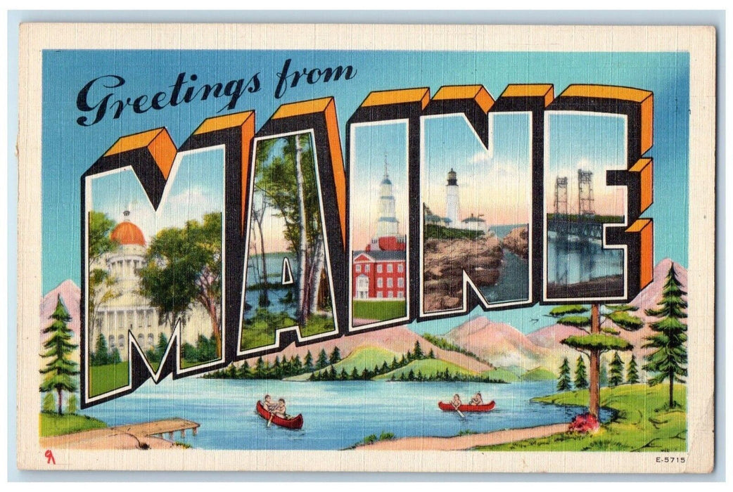 1948 Greetings From Maine ME Banner Large Letter Antique Vintage Posted Postcard