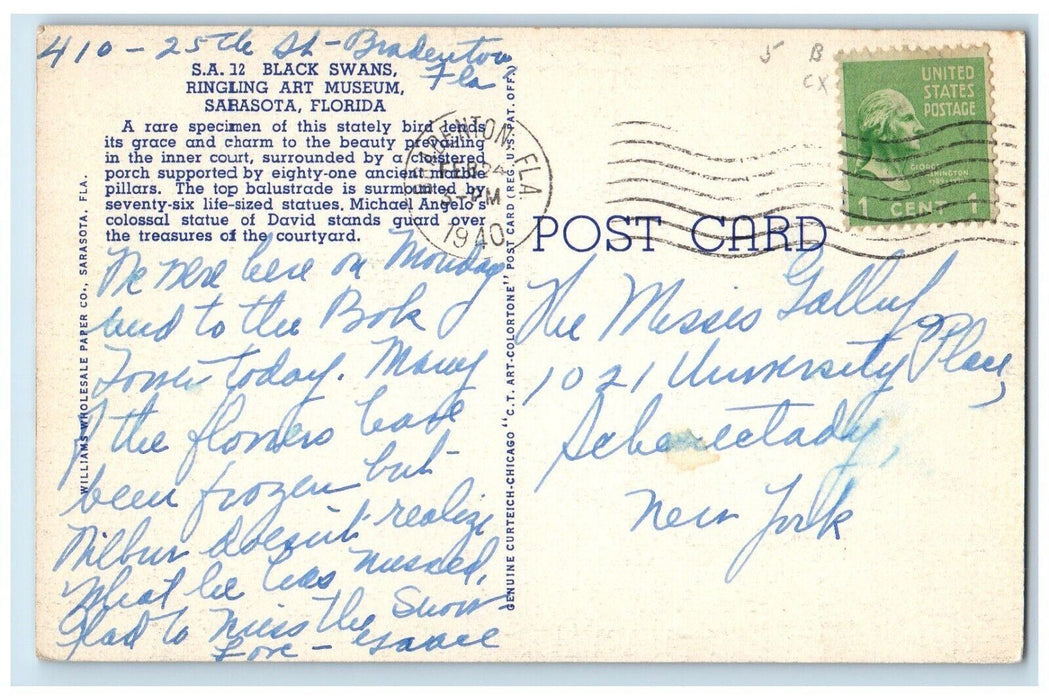 1940 Black Swans Ringling Art Museum Birds Pillars Sarasota Florida FL Postcard
