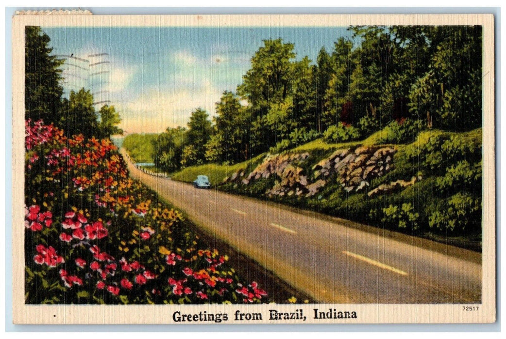 1948 Greetings From Brazil Indiana Banner Scenic Road Antique Vintage Postcard