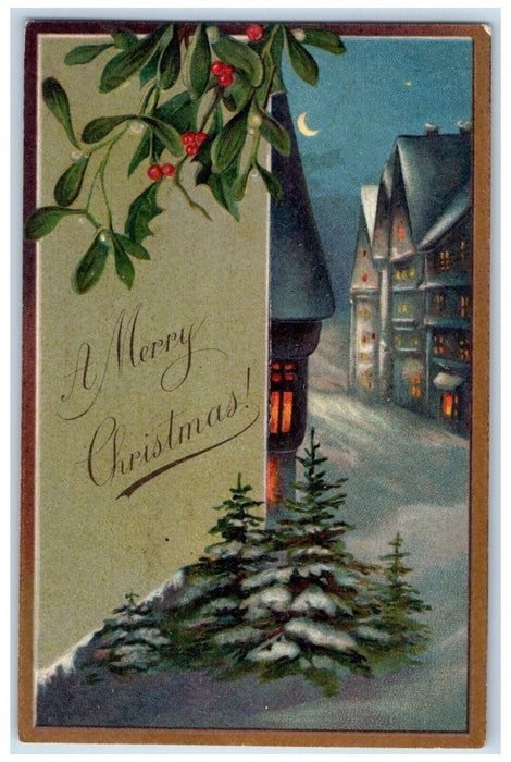 Christmas Berries Mistletoe Pine Trees Crescent Winter Houses Nash Postcard