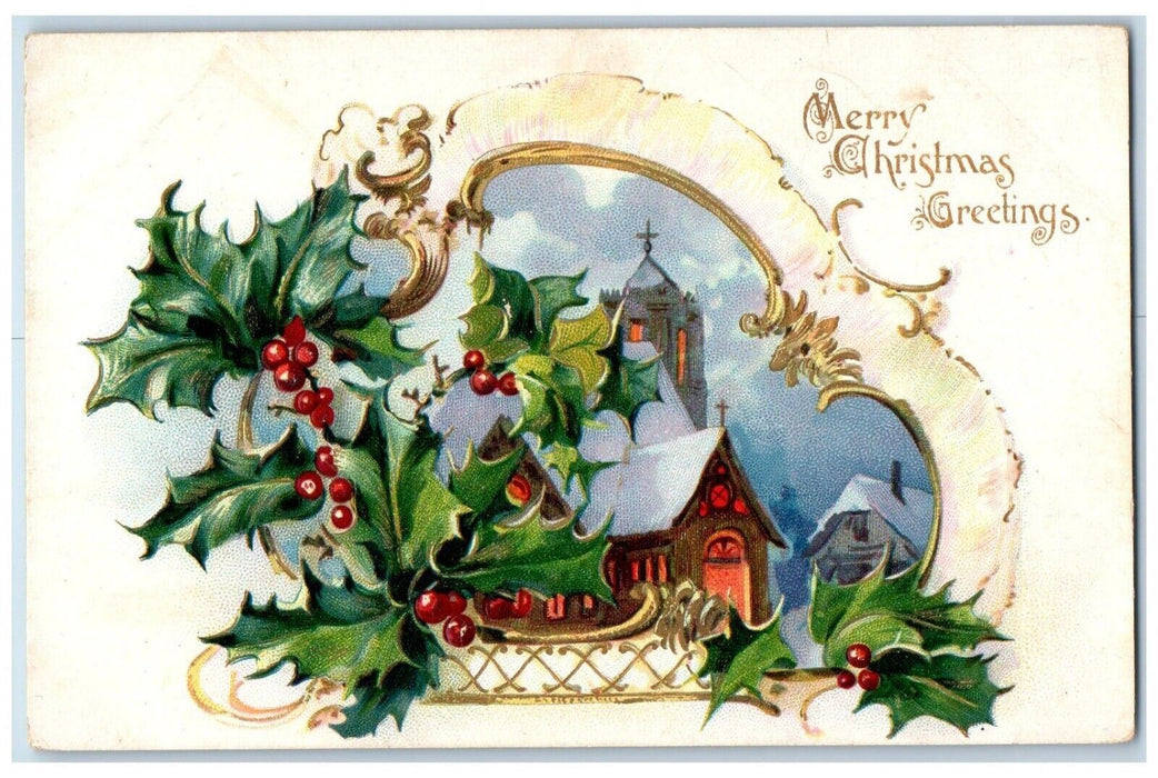 Christmas Greetings Holly Berries House Church Embossed Tuck's Antique Postcard