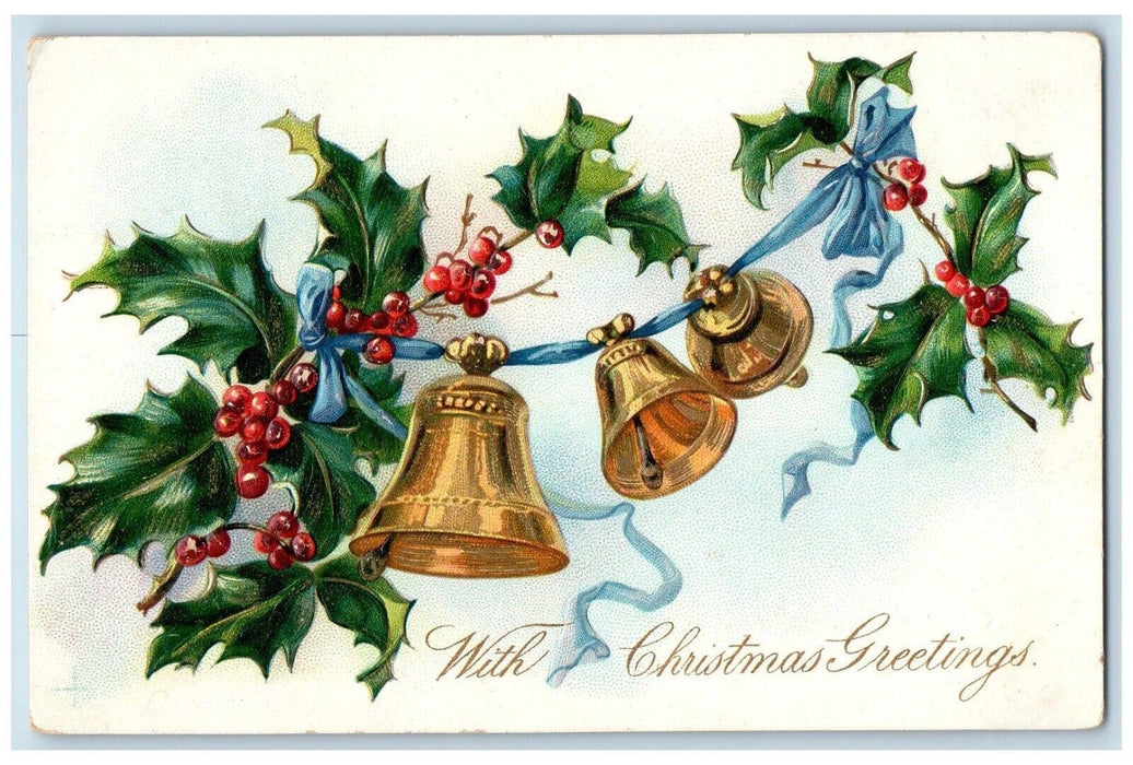 Christmas Greetings Holly Berries Ringing Bells Embossed Tuck's Antique Postcard