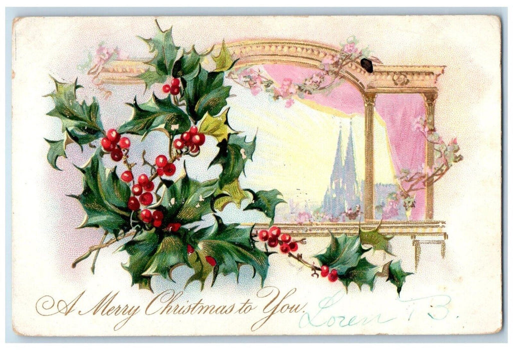 1906 Christmas Holly Berries And Flowers Embossed Elkins New NH Tuck's Postcard
