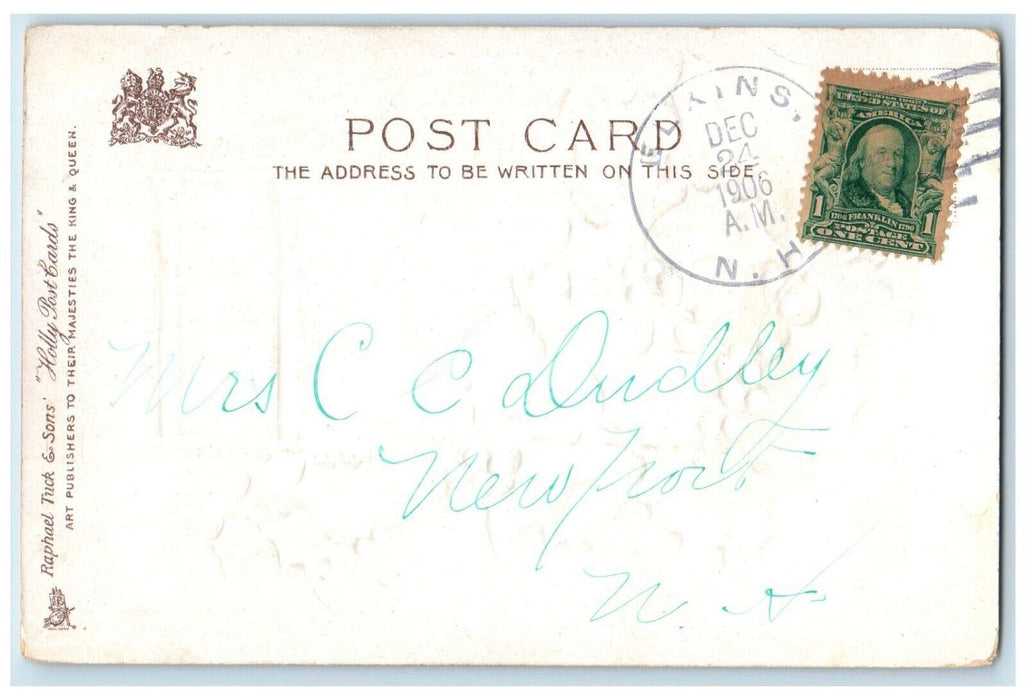 1906 Christmas Holly Berries And Flowers Embossed Elkins New NH Tuck's Postcard