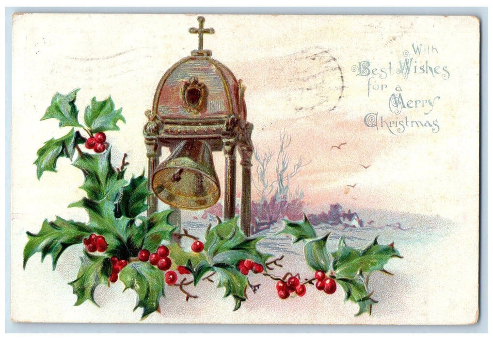 1907 Christmas Berries Tower Bell Ringing Berries Tuck's Watertown NY Postcard